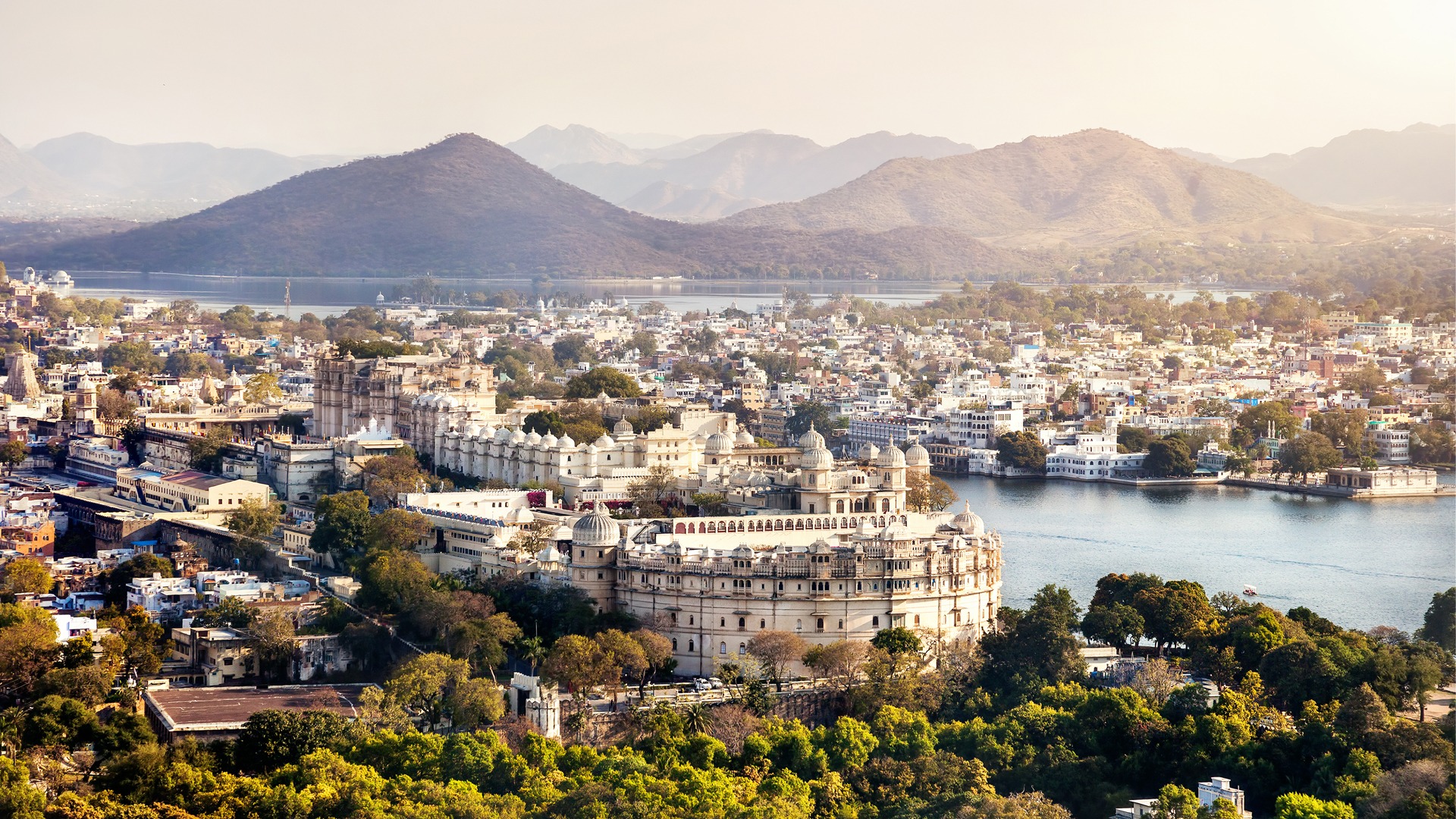Aerial view of Udaipur city and lakes from a hilltop
